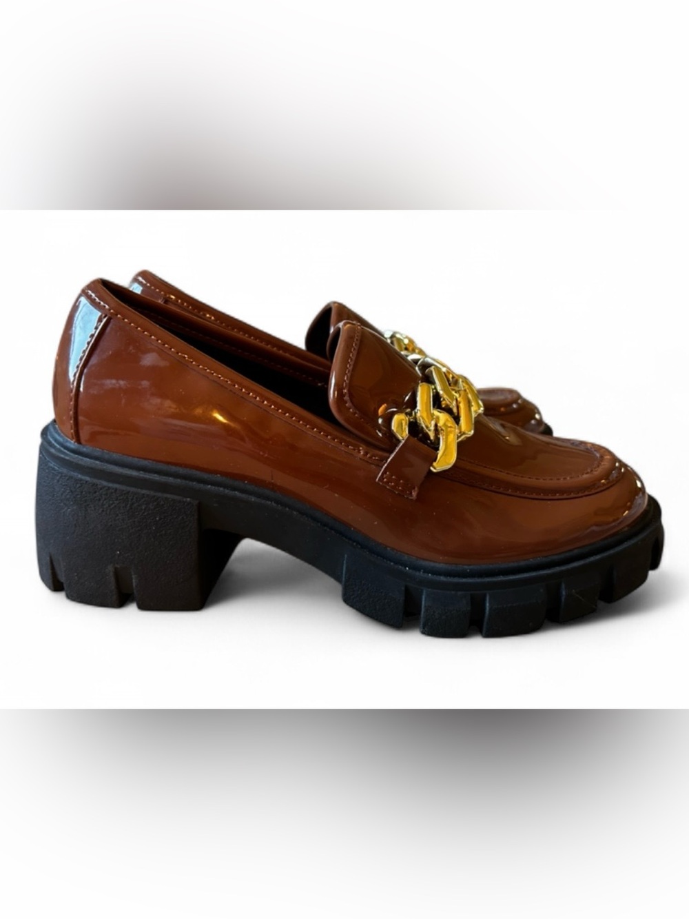 Madden Girl Kassidy Brown Chunky Heel Loafers with Gold Chain Size US 6